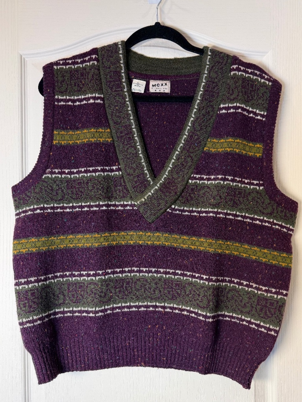 Vintage 90s Mexx International Man Sweater Vest Wool Blend Plum Green Geometric